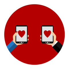 Flat Design Kreis: Liebe und Dating - Zwei Hände halten Smartphone