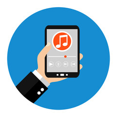 Flat Design Kreis: Musik hören - Hand hält Smartphone