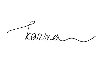 Karma word slogan handwritten lettering. One line continuous phrase vector drawing. Modern calligraphy, text design for print, banner, wall art, poster, card, brochure, postcard.