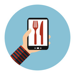 Flat Design Kreis: Essen bestellen - Hand hält Smartphone