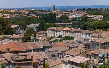 Overlooking rooftops of Carcassonne town from the castle in the south of France