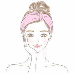 頬に手を当てるヘアバンドのお団子女性上半身イラスト