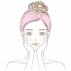 頬に手を当てるヘアバンドのお団子女性上半身イラスト