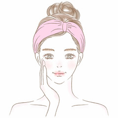 頬に手を当てるヘアバンドのお団子女性上半身イラスト