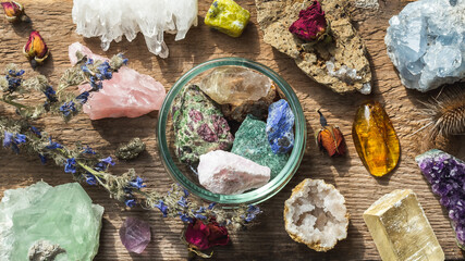 Colorful healing crystals and minerals set up
