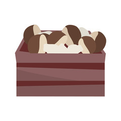 Mushrooms in wooden crate semi flat color vector object. Autumn harvest. Fall season. Full sized item on white. Food market simple cartoon style illustration for web graphic design and animation