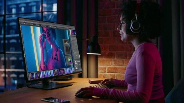 Professional Black Woman Working on Desktop Computer, Editing Photos, Videos in Home Office. Creative Brazilian Artist Retouching Cool Photoshoot, Neon Color, Creating Brand Style, Social Media Image