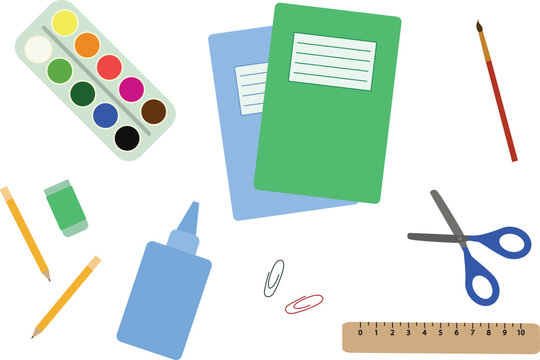 School supplies: paints, pencils, scissors, notebooks and a ruler. Back to school concept.