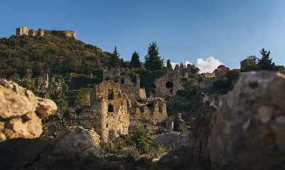 Fototapeta na wymiar Ruins of Mystras ancient town near Sparta, UNESCO world heritage archeological sight.