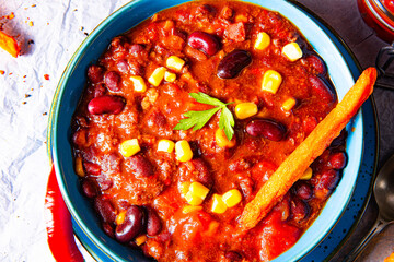 chili con carne with sweet potato and spicy nachos