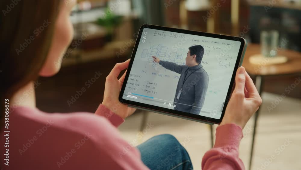 Poster over shoulder woman using digital tablet computer show pov asian teacher explains engineering scienc