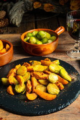 Brussels sprouts fried chicken breast and potatoes