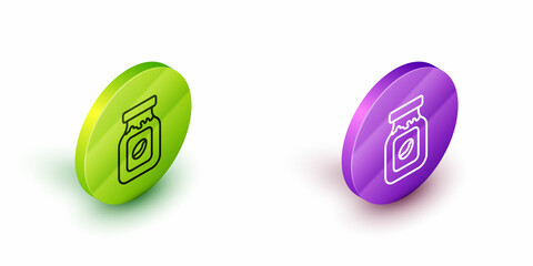 Isometric line Coffee jar bottle icon isolated on white background. Green and purple circle buttons. Vector