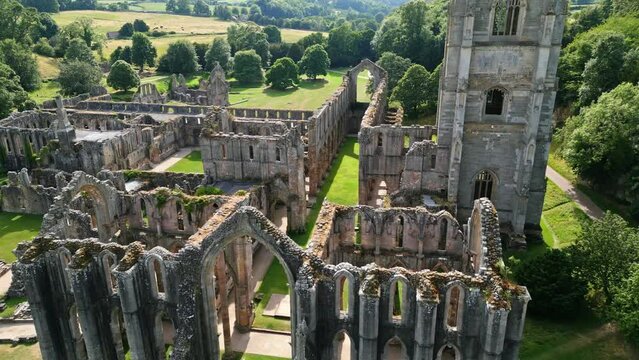 Drone aerial footage historical 13th century Fountains Abby - North Yorkshire - England
