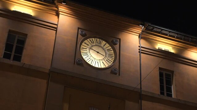 Lighted Clock Tower On The Historic Main Square In Cesena, Emilia Romagna, Italy. Low Angle Shot