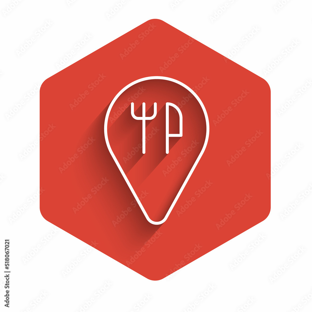 Poster white line cafe and restaurant location icon isolated with long shadow background. fork and spoon ea
