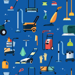 cleaning service pattern. mops rags and vacuum industrial cleaner. Vector seamless background