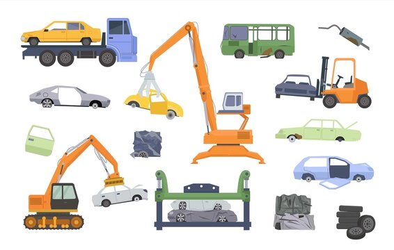 damaged cars. vector crushed vehicles evacuation and steel recycling industry after road accident. Vector pictures set