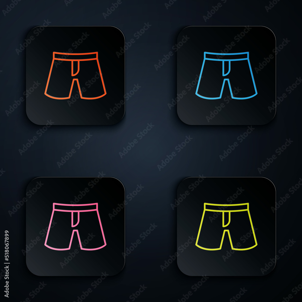 Poster color neon line short or pants icon isolated on black background. set icons in square buttons. vecto