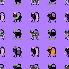 Fototapeta premium Halloween black cats seamless pattern for clothes print and wrapping and accessories and fabrics and kids and festive