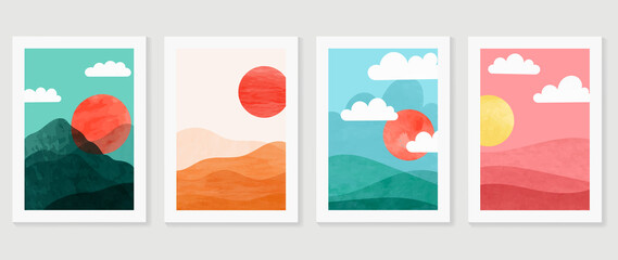 Set of abstract landscape wall art vector. Mountains, hills, sunset view, sky, fall season in watercolor texture. Autumn season wall decoration collection design for interior, poster, cover, banner.