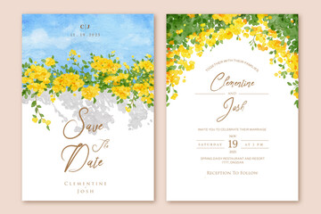 Fototapeta na wymiar Hand drawn yellow bougainvillea flower bloom wedding invitation set template