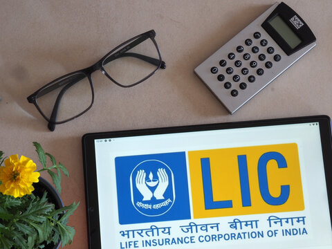 In this photo illustration, Life Insurance Corporation of India (LIC) logo seen displayed on a tablet