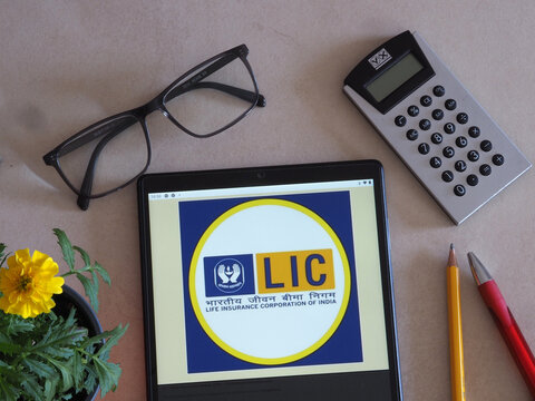 In this photo illustration, Life Insurance Corporation of India (LIC) logo seen displayed on a tablet