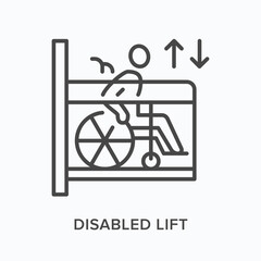 Elevator flat line icon. Vector outline illustration of lift for human with disabilities. Black thin linear pictogram for wheelchair