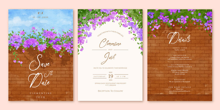 Set of wedding invitation template with watercolor bougainvillea flower brick wall landscape