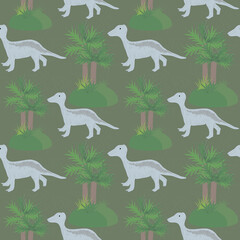 Seamless pattern with dinosaur and palm trees. Illustration for fabric or background.