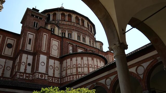 4K video with Church of Holy Mary of Grace (Italian Santa Maria delle Grazie) landmark building in Milan. Travel to Italy.