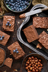 Composition of fresh homemade chocolate brownie squares melting chocolate and fresh blueberries