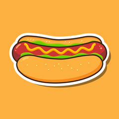 Cartoon image of a sticker hot dog on a dark background. Vector illustration.
