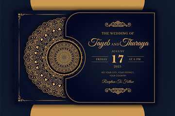 Luxury Mandala Wedding Invitation Card template with golden arabesque pattern Arabic Islamic east background style. Editable vector file. Decorative mandala for print, poster, cover, flyer, banner
