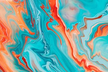 Liquid acrylic texture with smooth overflowing shapes made by inks mixing. Contemporary fluid art background with colorful swirls, whirlpools and waves. Fluent backdrop with color mixing effect.