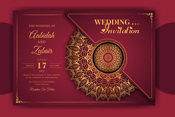 Luxury Mandala Wedding Invitation Card template with golden arabesque pattern Arabic Islamic east background style. Editable vector file. Decorative mandala for print, poster, cover, flyer, banner