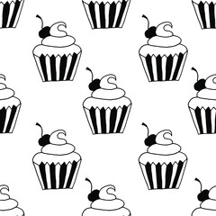 Seamless pattern with cupcakes with cherry. Beautiful background with cupcakes.