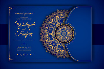 Luxury Mandala Wedding Invitation Card template with golden arabesque pattern Arabic Islamic east background style. Editable vector file. Decorative mandala for print, poster, cover, flyer, banner