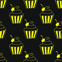 Seamless pattern with cupcakes with cherry. Beautiful neon background with cupcakes.