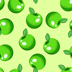 Seamless pattern with apple on color background. Natural delicious fresh ripe tasty fruit. Vector illustration for print, fabric, textile, banner, design. Stylized apples with leaves. Food concept