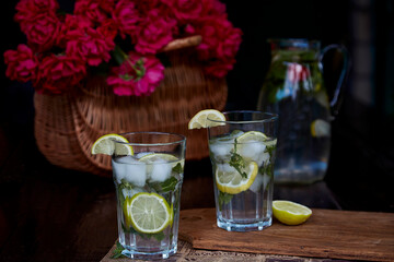 Homemade non-alcoholic mojito with lemon, lime and mint. Refreshing, diet, detox infused, natural summer cocktails. Healthy refreshing cocktails. Summertime drinks