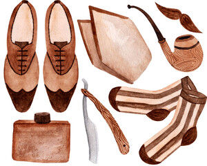 Watercolor collection, shoes, parfume, pipe, razor, mustache on a white background. For father's day, birthday, etc.