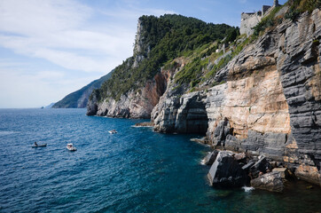 View of famous Byron's Grotto or Grotta di Byron under Doria Castle in Porto Venere, Liguria,...
