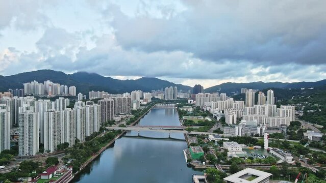 Shatin Skyline over with Shing Mun River with skyscrapers in Hong Kong