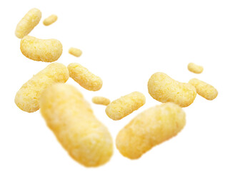 Flying delicious corn sticks, isolated on white background
