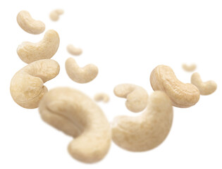 Flying cashew nuts, isolated on white background