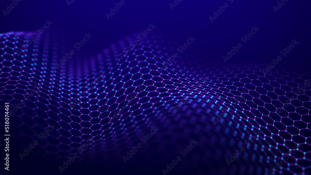 Poster futuristic purple wave of hexagonal grid on a blue background. the concept of big data. network conn
