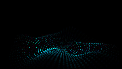 Futuristic dark background. The wave effect of a web of blue dots. Big data. Illustration of technologies and artificial intelligence. The effect of particle oscillation. 3D rendering.