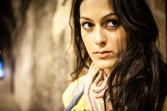 Urban Fashion. Close Portrait Of A Beautiful Young Mixed Race Model On Location. From A Series Of Images With The Same Model.